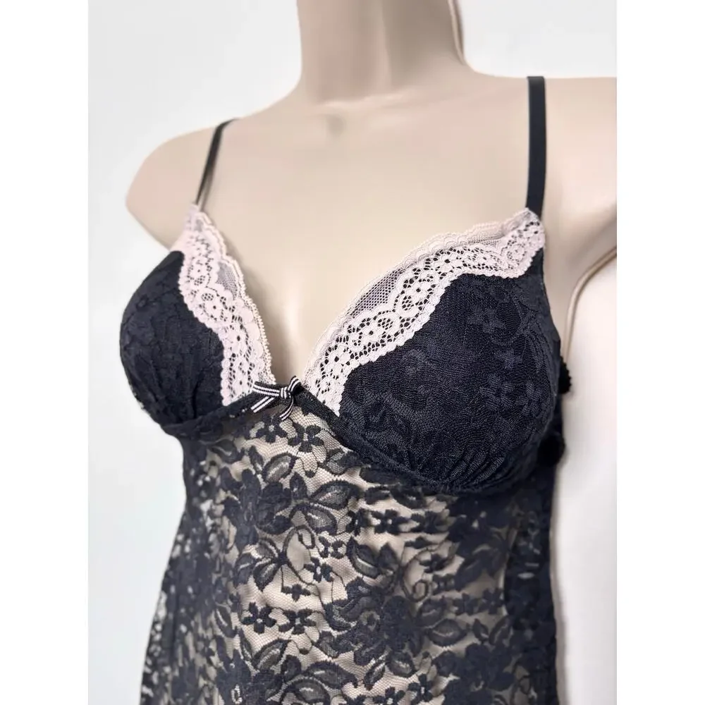 Gilligan & O’Malley Black Lace Bustier Cami Top Pale Pink Trim Sheer Lingerie - Picture 4 of 6